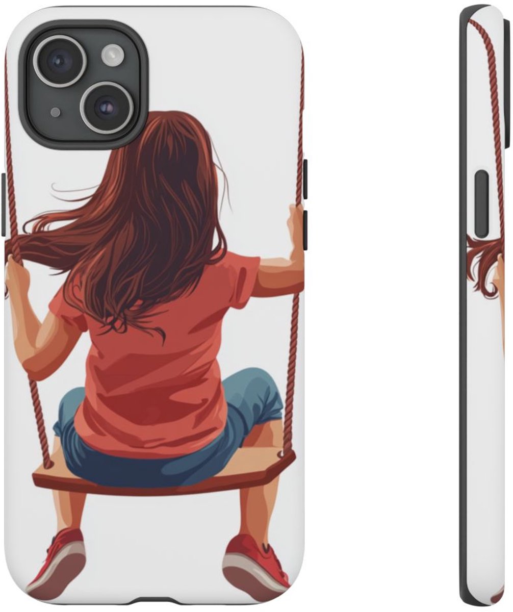 Meisje op Schommel Illustratie – Telefoonhoesje Geschikt voor iPhone 15 Plus