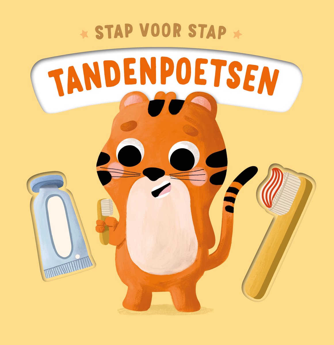 Een schattige oranje tijger met zwarte strepen, tandenpoetsen, met tandenborstels en tandpasta.
