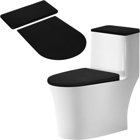 Housse de siège de toilette noire et housse de réservoir de toilette - Fond élastique - Souple et extensible - Housse de toilette de remplacement - Set de 2 - Compatible avec la plupart des abattants de toilette