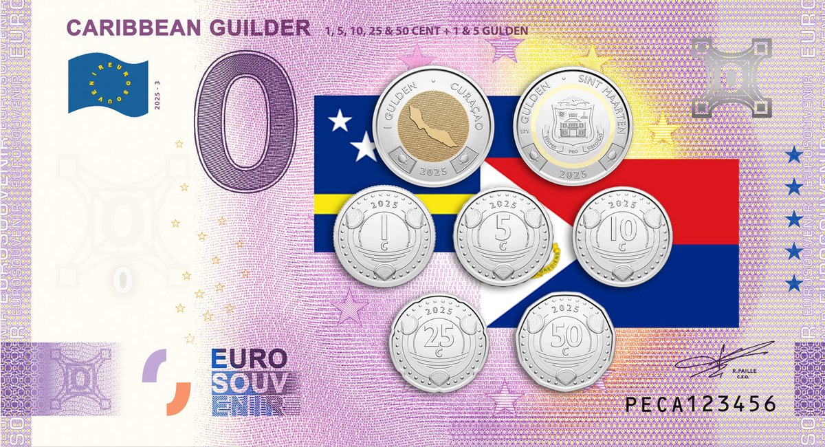 0 Euro biljet Nederland 2025 - Caribbean Guilder 1, 5, 10,25 & 50 Cent + 1 & 5 Gulden KLEUR
