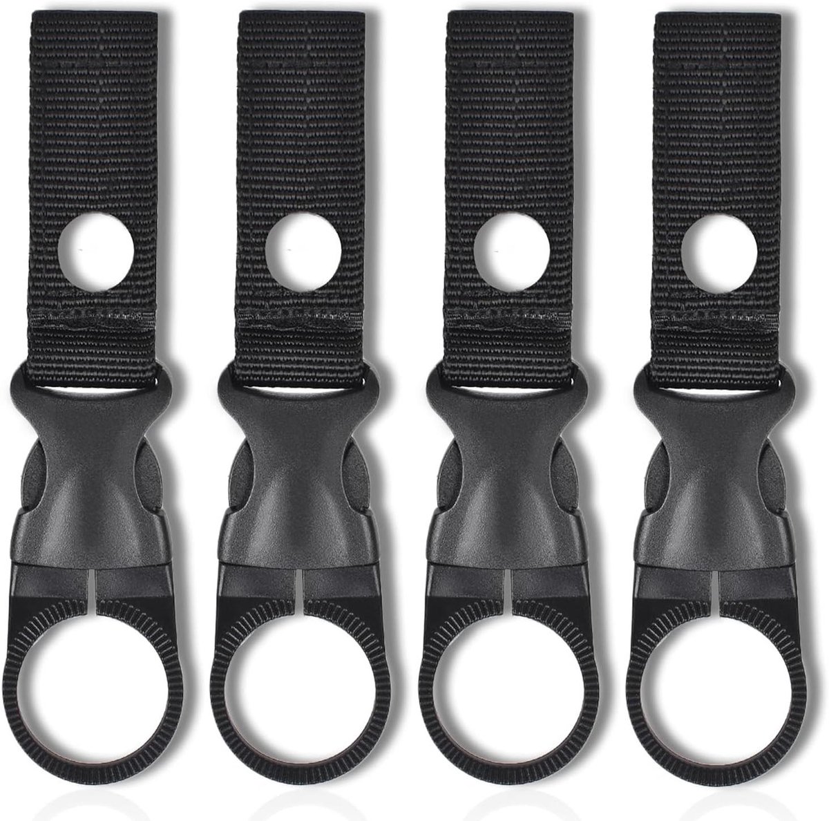 Allecto Plus - Waterfleshouder Clip 4 Stuks Met Sleutelhangers en Riemgesp in Zwart - Handige Flessenhouder