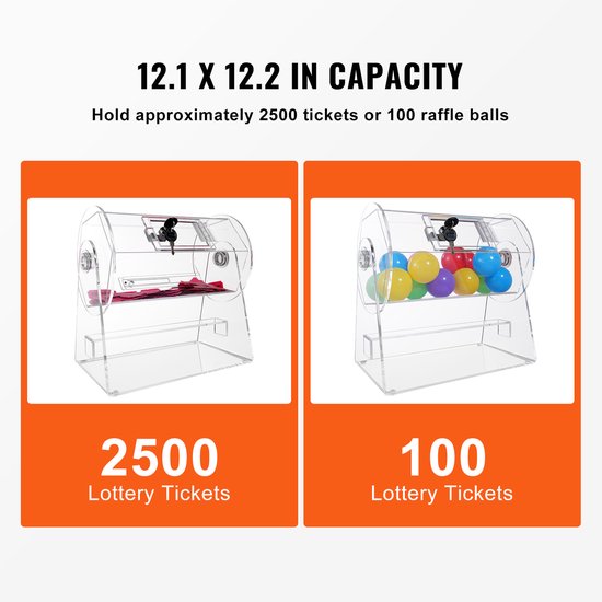 Twee transparante acryl loterijtrommels: één gevuld met rode loten, de ander met 100 gekleurde ballen.