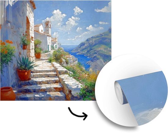 Behang - Fotobehang Trap - Huizen - Berglandschap - Zee - Breedte 240 cm x hoogte 240 cm