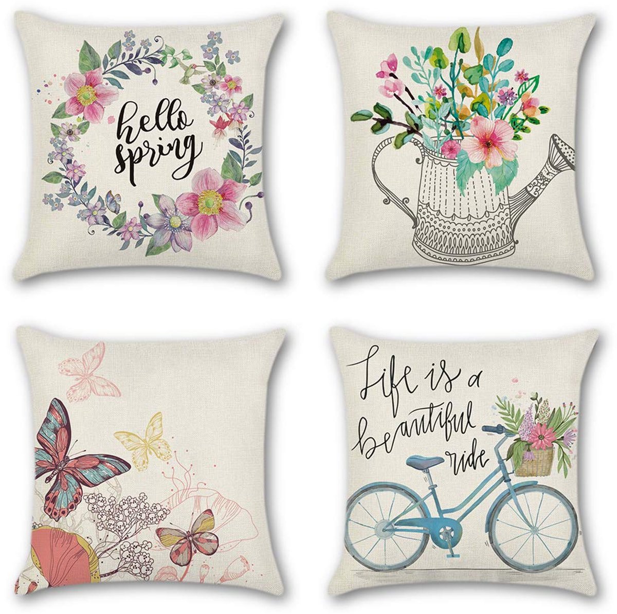 Ibenzoa Set van 4 stijlvolle kussenovertrekken van zacht katoenlinnen in lente-design, 45 x 45 cm kleurijk