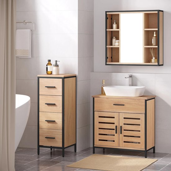 HOMCOM Badkamerwandkast Hangkast van bamboe met ademende lameldeuren, verstelbare plank 60 x 20 x 60 cm Natuurhout | Netherlands