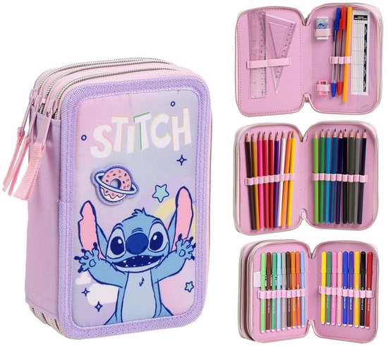 Stitch Etui Meisjes – 44-delig Tekenetui – Gevuld 3-vaks Pennenzak met Kleurrijke Inhoud