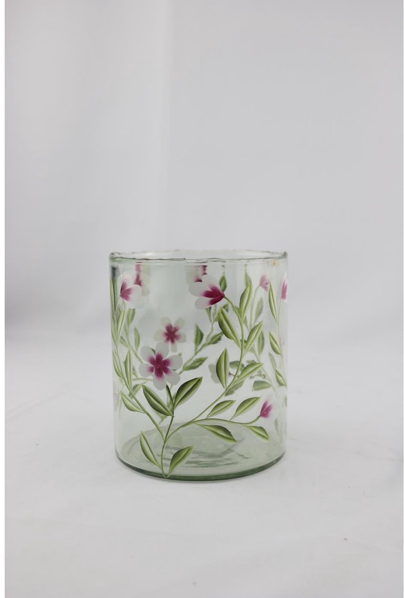Windlicht glas met roze bloemen 13x13x15cm