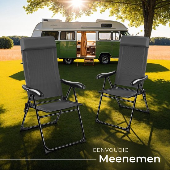 tectake® Campingstoel - Inklapbaar - 7-voudig verstelbare rugleuning - Tuinstoel - Relaxstoel met ligstand - Staal met aluminium frame - Set van 2 - Antraciet van TecTake — afbeelding 3