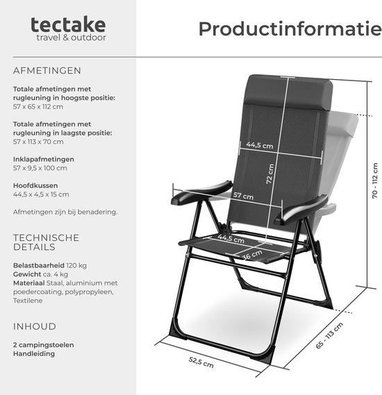 tectake® Campingstoel - Inklapbaar - 7-voudig verstelbare rugleuning - Tuinstoel - Relaxstoel met ligstand - Staal met aluminium frame - Set van 2 - Antraciet van TecTake — afbeelding 5