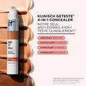 Flesje 'DO IT ALL Radiant Concealer + Multivitamin Serum' op een achtergrond van uitgesmeerde foundation. De verpakking is zilver en wit met het 'it'-logo.