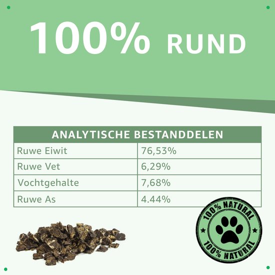 Gedroogd rundvlees met analytische bestanddelen en een 100% natuurlijk keurmerk.
