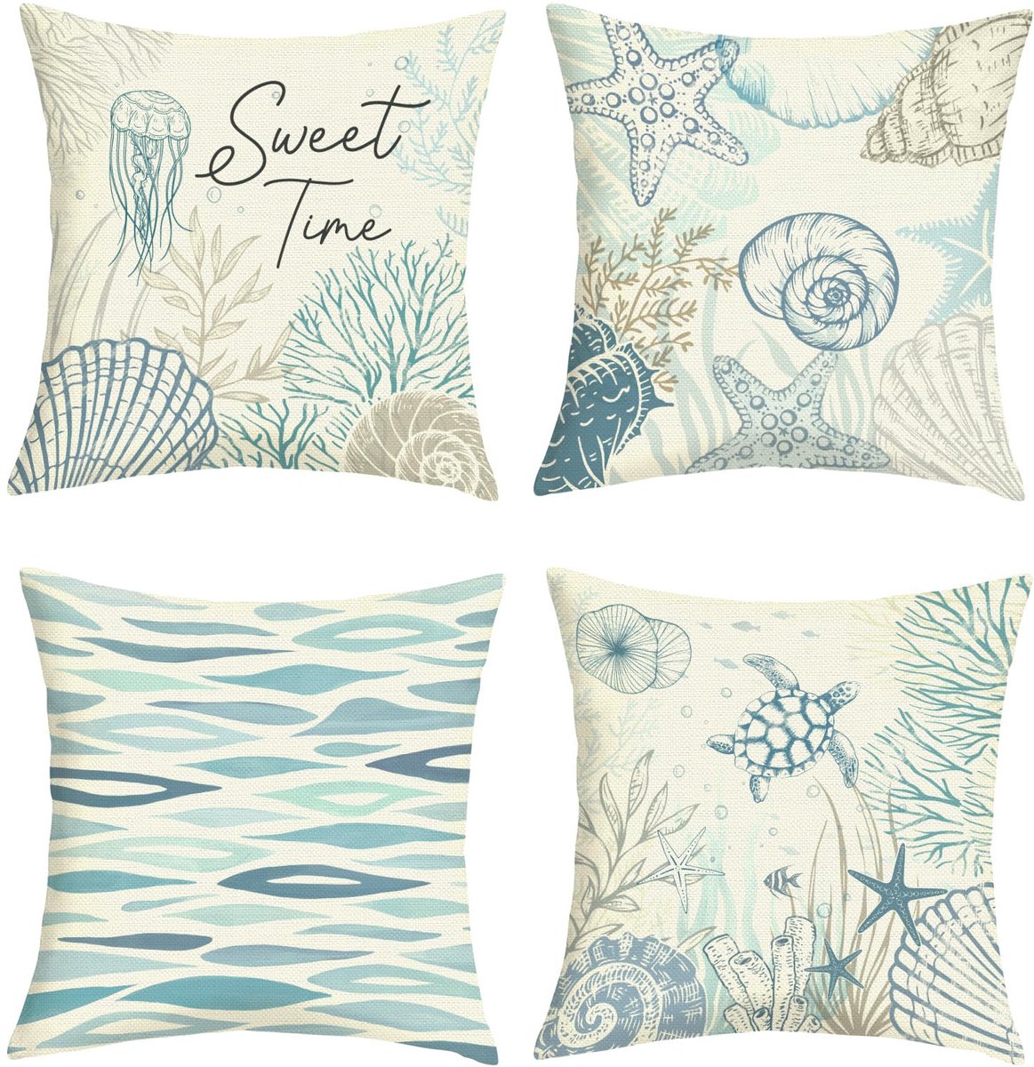 Ibenzoa® Kussenhoezen Set van 4 voor Zomer, Nautisch Thema met Zeeschildpad en Oceaan Motieven