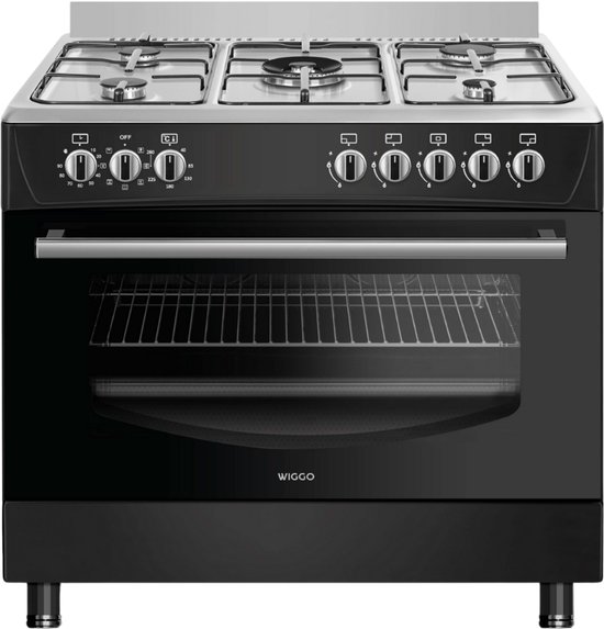 Wiggo WO‑E905R(BX) – Vrijstaand gasfornuis – 90 cm – 5 kookzones met wokbrander – 110L elektrische oven – Zwart Roestvrijstaal – Elektrische vonkontsteking & vlambeveiliging – Energieklasse B – 5 jaar garantie