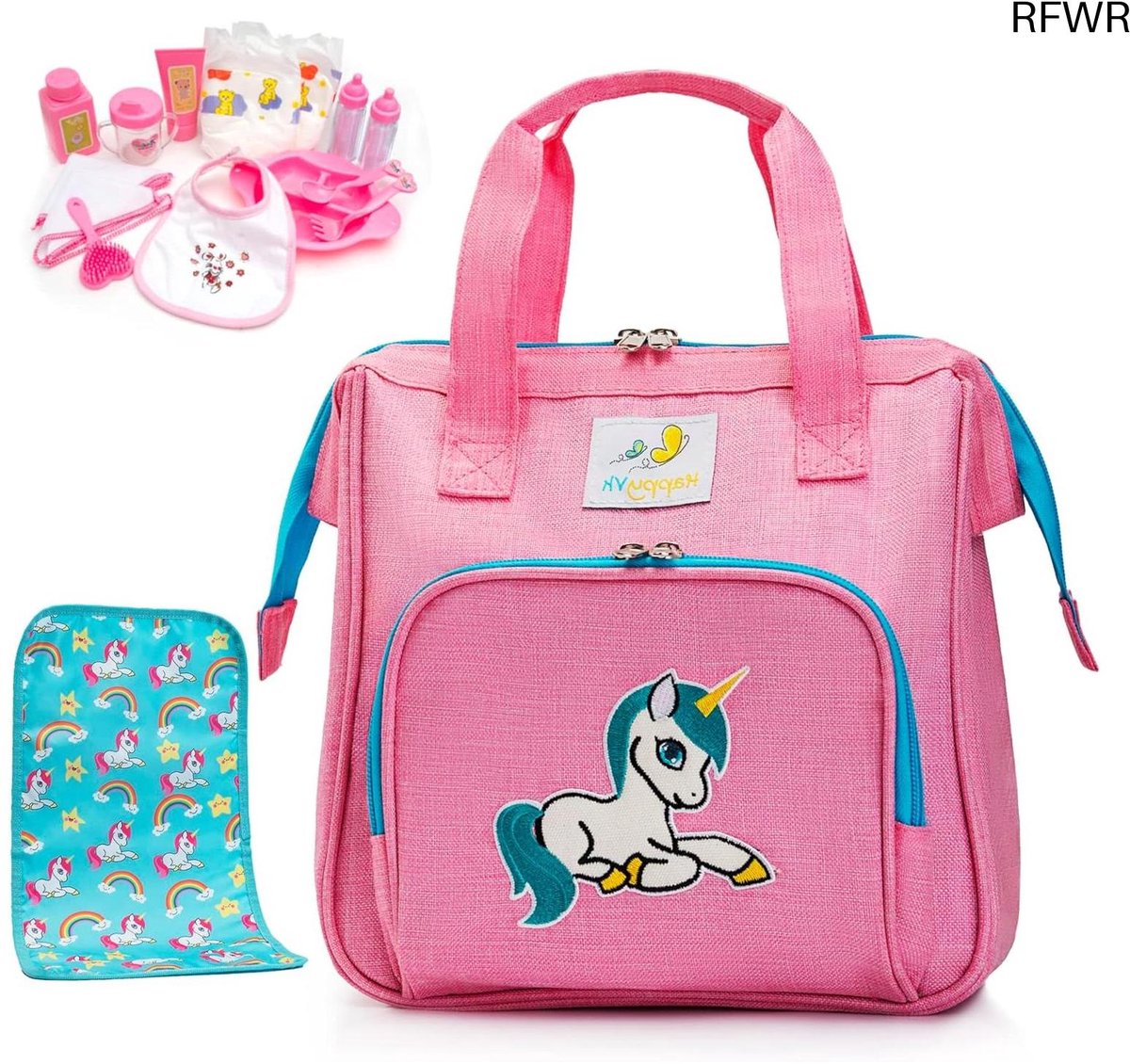 RFWR® Roze Baby Doll Luiertas met Aankleedkussen en Accessoires - Handtas voor Meisjes met Eenhoorn Borduurwerk