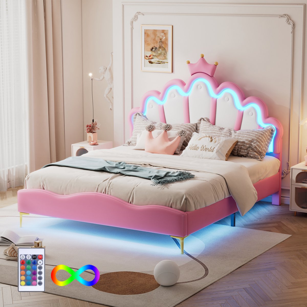 HAUSS SPOLE Kinderbedden 140x200 cm - Gestoffeerd Tweepersoonsbed Met LED En Kroonvormig Hoofdbord - Voor Meisjeskamer - MDF - Roze