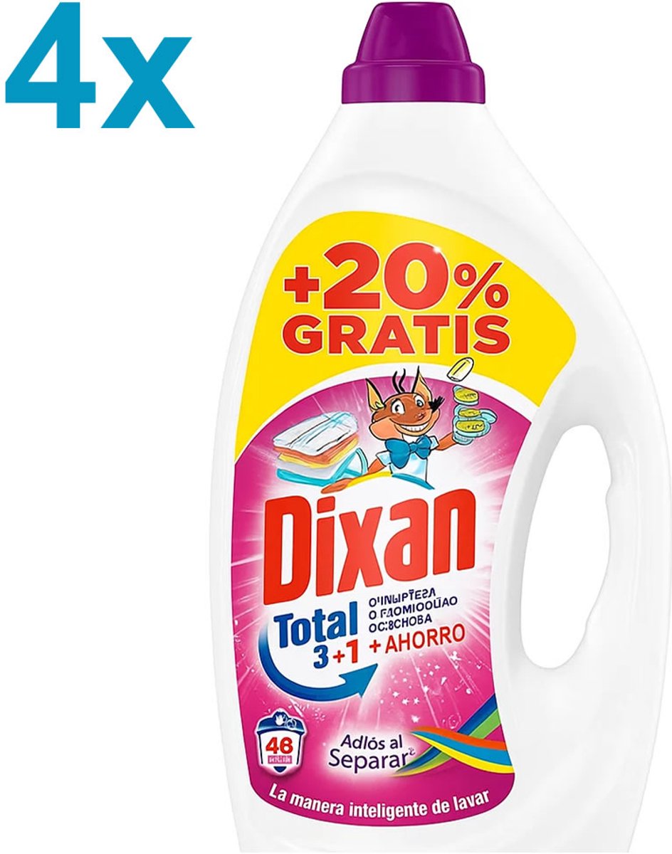 Goedkoopste Dixan Total 3in1 – Vloeibaar Wasmiddel – Fris – 4x 2,4 L – 192 Wasbeurten – Voordeelverpakking