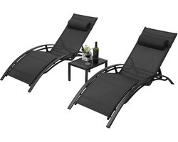Set de salon d'extérieur 3 pièces en aluminium – 2 Chaises longues réglables 5 positions + table d'appoint – Chaises – Ensemble de chaises longues pour piscine, Jardin, plage et camping – Zwart
