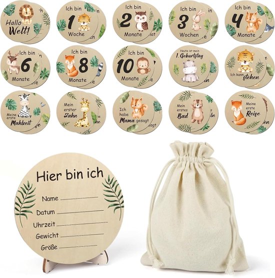 PEOVLVN Houten mijlpaalkaarten voor baby's, 6 stuks, 1-12 maanden, babymaandkaarten van hout, perfect voor milpaalkaarten, zwangerschap en baby's, mijlpaalkaarten, ideaal voor ouders en aanstaande