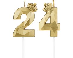 3D verjaardagskaarsen - cijferkaarsen - nummer 24 - met kroon - voor taart - verjaardagsdecoratie - feest - bruiloft - bedrijfsfeest - jubileum - goud - verjaardag