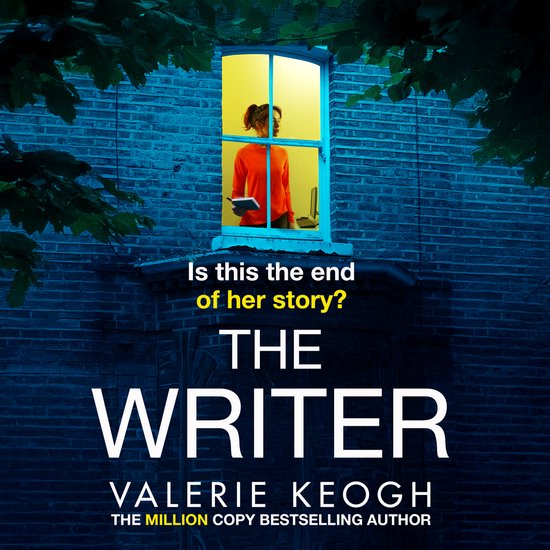 Een vrouw in een oranje trui staat bij een verlicht raam in een bakstenen gebouw. "Is this the end of her story? THE WRITER VALERIE KEOGH"