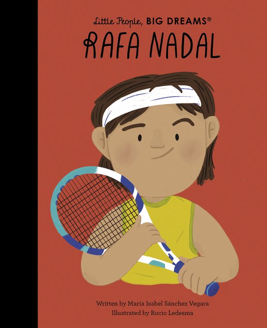 Livre 'Little People, BIG DREAMS : Rafa Nadal' avec une illustration d'un garçon tenant une raquette de tennis.