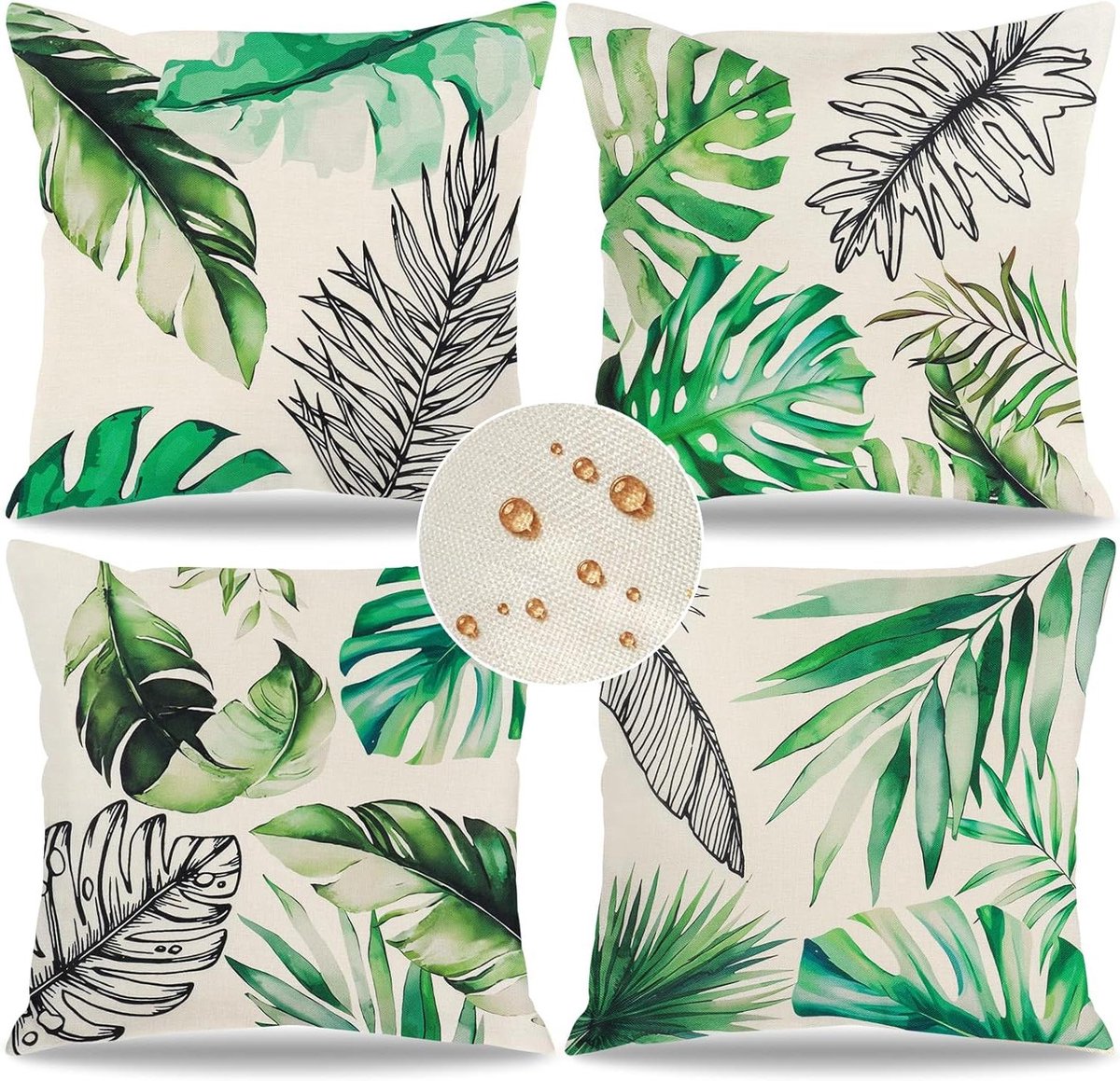 Allecto Premium - Set van 4 waterdichte kussenslopen voor buiten, 45 x 45 cm - Tuin decoratie met tropische bladeren - Geschikt voor bank en terras