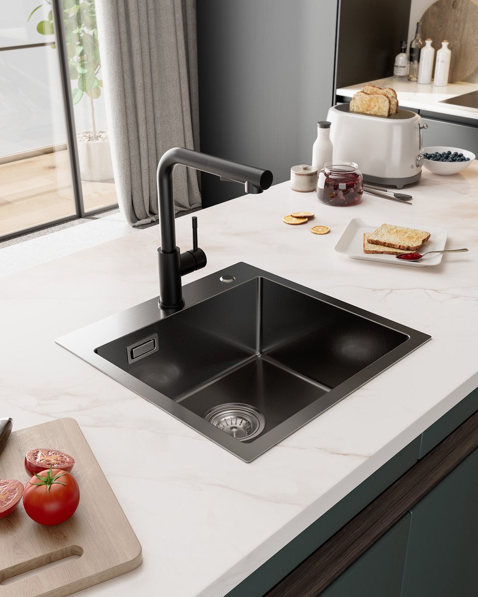 Sofetiy Spoelbak zwart antraciet 45x48cm, gootsteen keuken incl. sifon, keukenspoelbak roestvrij staal hoekig voor onderkasten vanaf 45 cm breedte, wastafel keuken kleine inbouwspoelbak roestvrij