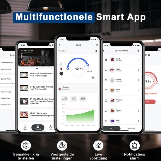 Verschillende schermen van de Claire multifuntionele smart app op een smartphone.