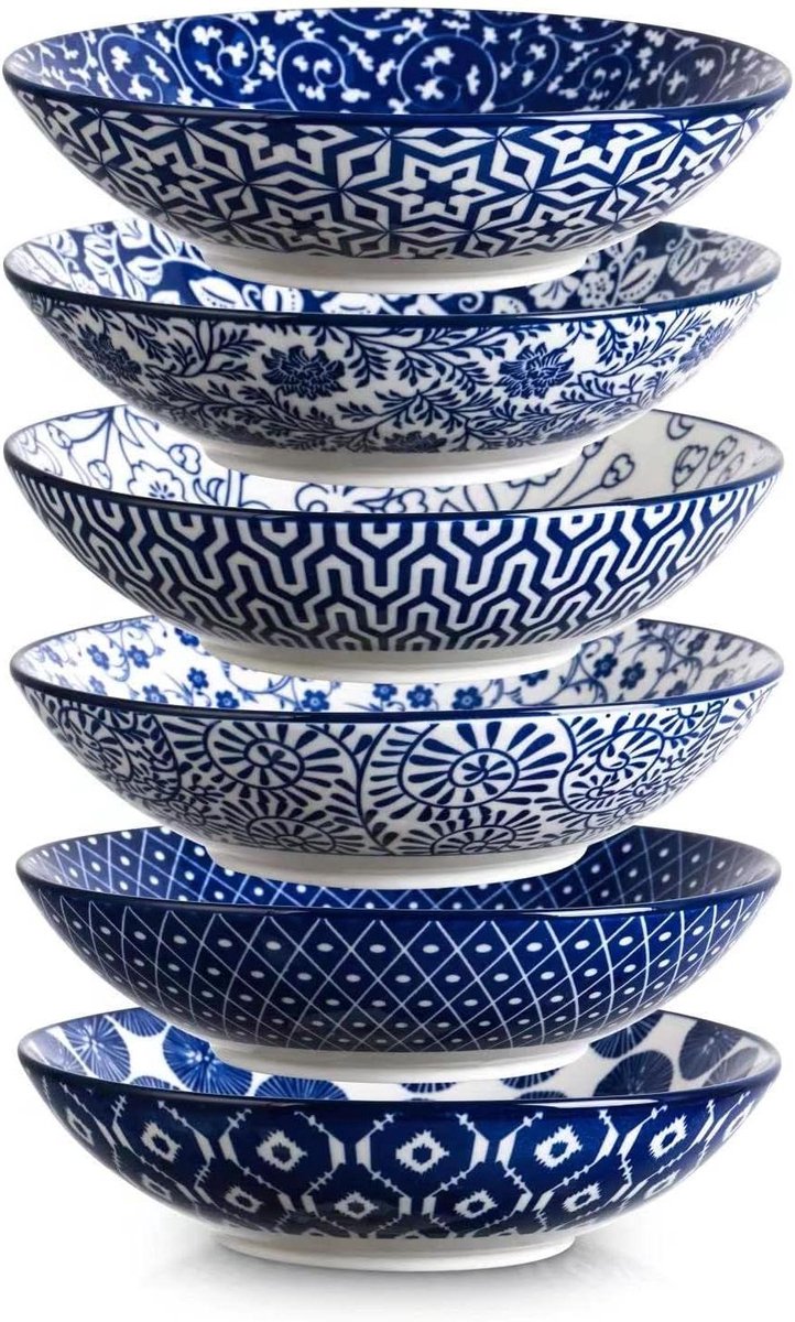 Allecto Premium - Grote Porselein Kommen Vintage Blauw - Set van 6 - Geschikt voor Magnetron en Oven