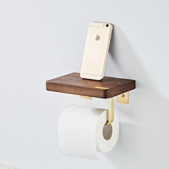 Allecto Premium - Toiletrolhouder met houten plank voor wandmontage in geborsteld goud - Badkameraccessoire met stijlvol design