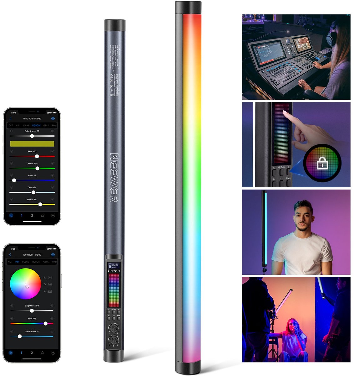 Neewer TL60C - led lamp - fotografie - 20 Watt - app en DMX sturing - RGB - 60cm