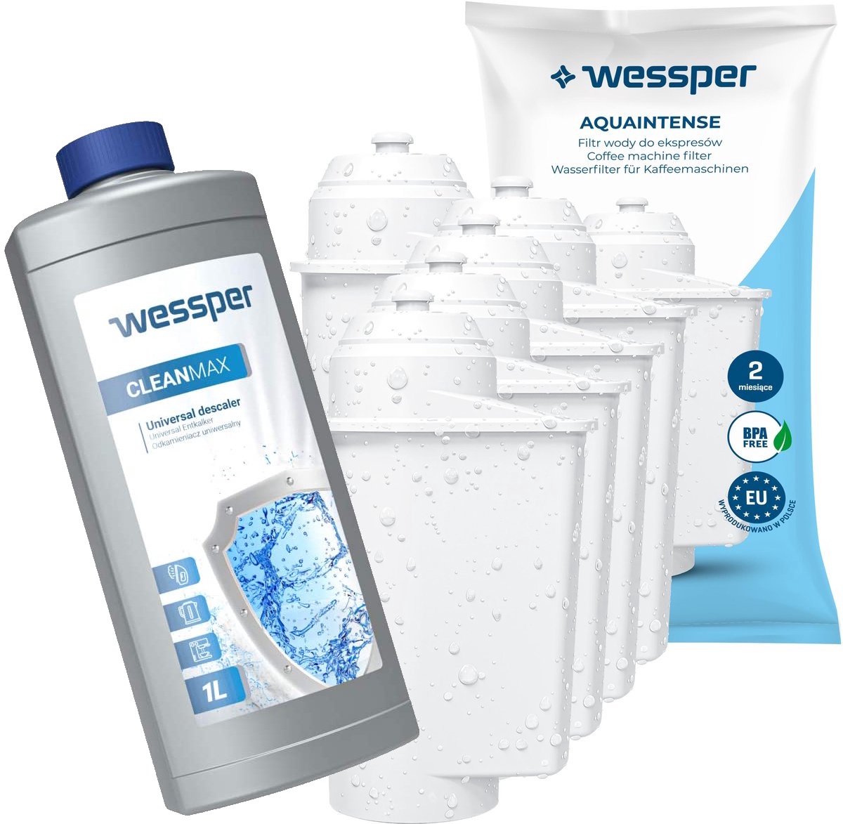 Wessper, 5 stuks waterfilter voor koffiemachines, compatibel met Siemens EQ Series, vervanging 575491 / 467873 / TCZ7003 / Intenza TZ70003 + 1x Ontkalker, 1000ml, espressomachineset