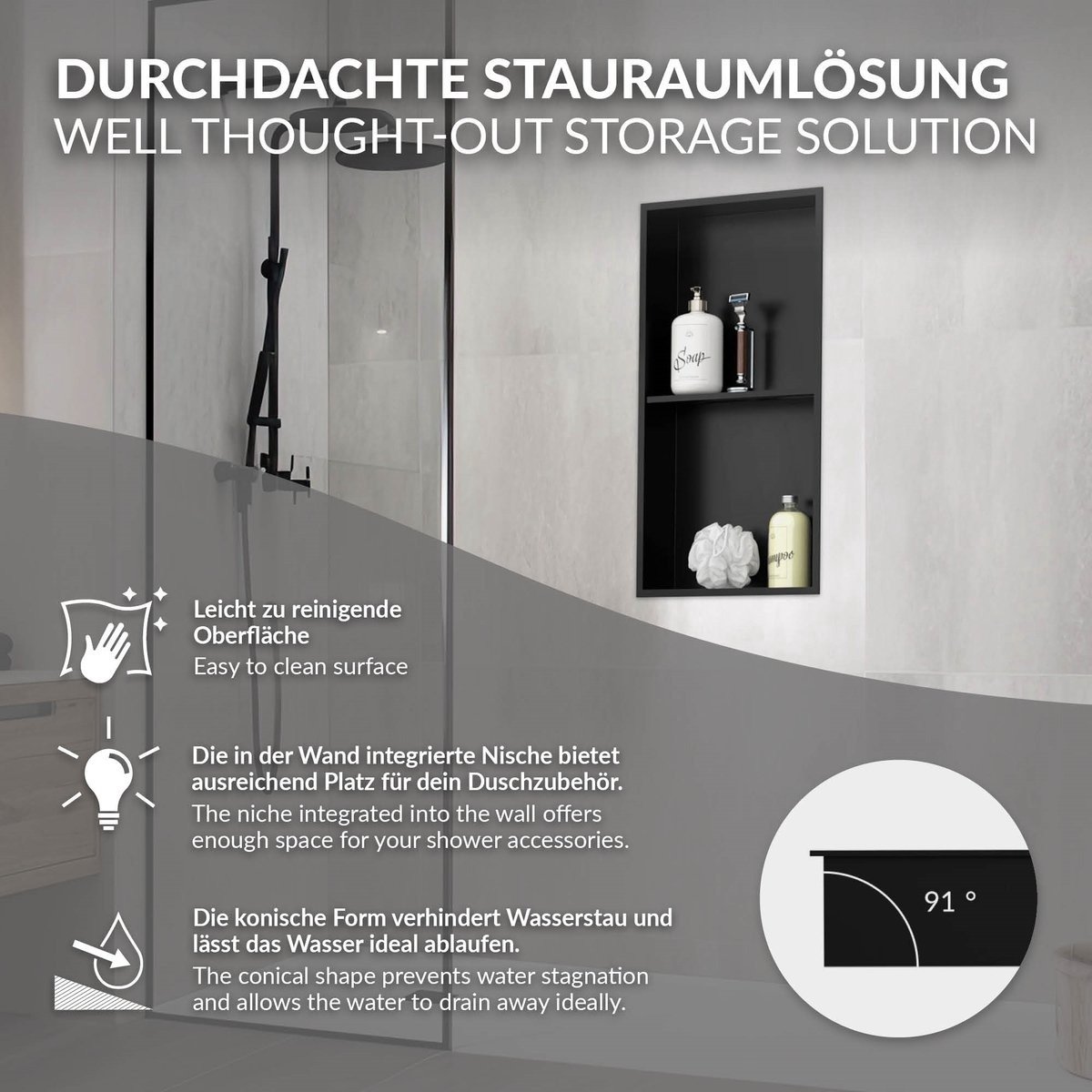 QPFO® Douchebak wandnis 30x60 cm zwart - RVS inbouw doucheplank met 2 niveaus - Luxe badkamer opbergnis