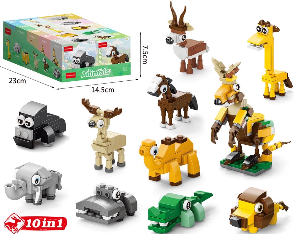 Bouwstenen Set - Dieren - 10 in 1 - Speelgoed Display 10 stuks - schoencadeau - uitdeelcadeau