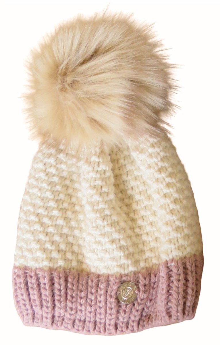 Twee kleurige dames muts met omslag en pompon - fleece en lurex