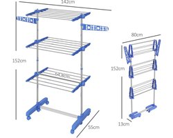 Pugsdrly Wasrek wasdroger. 4 niveaus, inklapbaar, one-click-systeem, 142 cm x 55 cm x 152 cm blauw + zilver