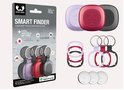Verpakking en inhoud van de Fresh 'n Rebel Smart Finder set: 3 trackers, 3 bumpers, 3 sleutelringen, 6 batterijen.