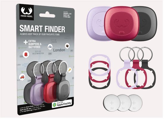 Verpakking en inhoud van de Fresh 'n Rebel Smart Finder set: 3 trackers, 3 bumpers, 3 sleutelringen, 6 batterijen.