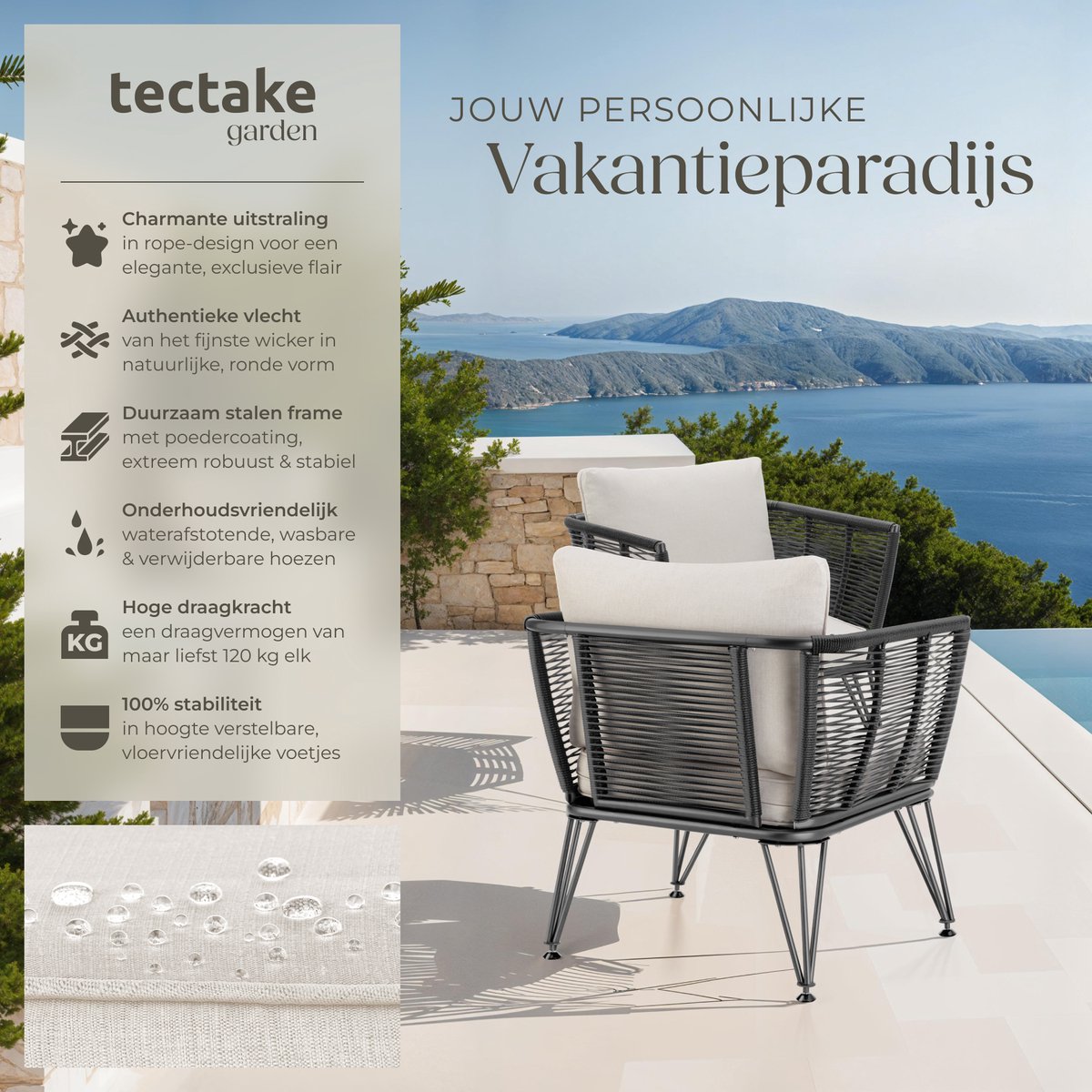 tectake® Loungestoelen Sundo - 4 Fauteuils voor Tuinset, Balkonset of Terras - Wicker Tuinstoelen Set in Rope-Design - Weerbestendig - Inclusief Kussens - Loungestoel Buiten - Loungeset Tuinmeubels thumbnail 2