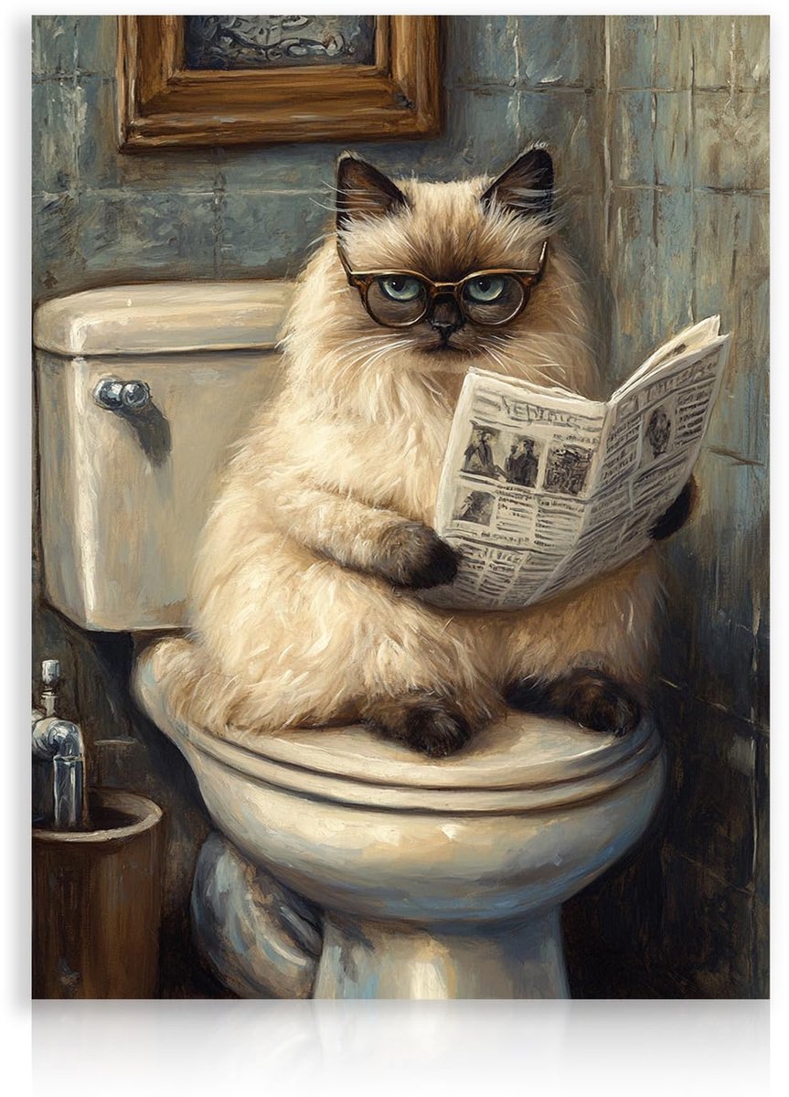 Ibenzoa Humoristische Dierenposter voor Badkamer - Kat Leest Krant op Toilet - Wanddecoratie 30 x 40 cm beige