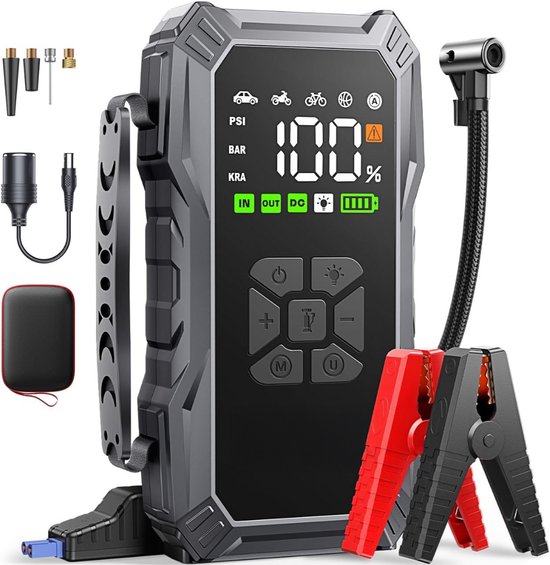 MKSS® Jumpstarter met Compressor - Startkabels - Starthulp voor Auto - Accubooster - Zwart