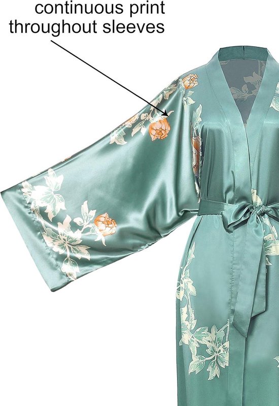 BABEYOND Ochtendjas voor dames, maxi, lang model, zijde, satijn, kimono met pauwenpatroon, 135 cm lengte, zilver-grijs, onesize grote maten
