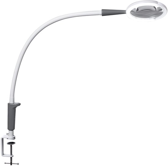 Wit met grijze accenten, flexibele arm en klemvoet, ronde LED-lamp met vergrootglas.