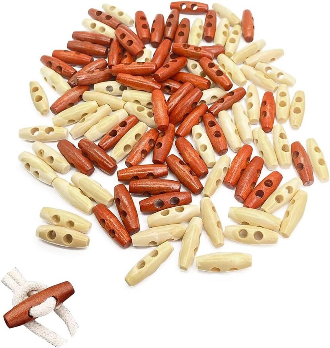Inovra Plus - Olijfhouten knopen 100 stuks - 30 mm - jassen kleding doe-het-zelf - vat/olijfvorm - natuurlijk - duurzame naden - houten knutselaccessoires