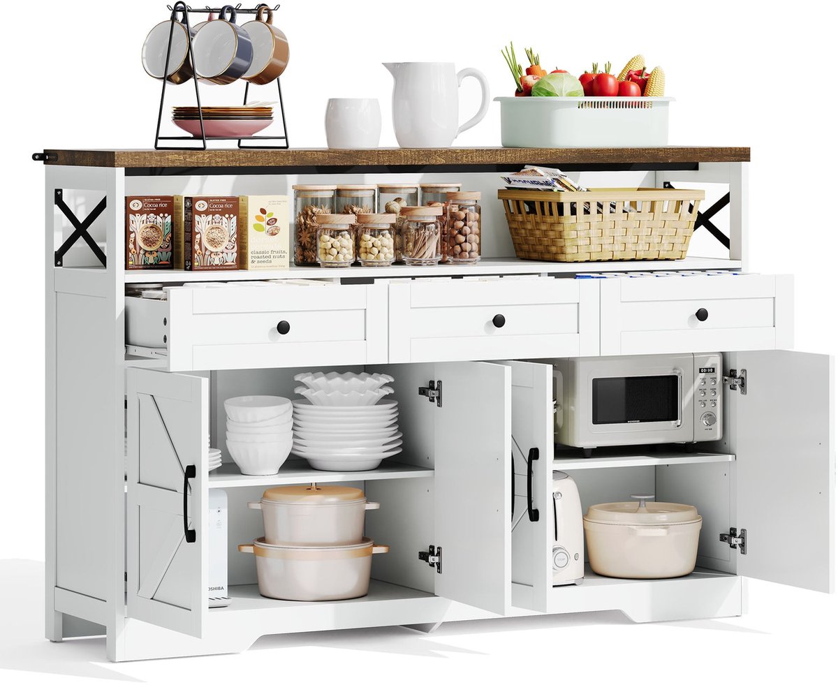 Merax Buffetkast 140 cm Wit Met Houten Blad – Landelijke Opbergkast Met 3 Lades En Deuren Voor Keuken Woonkamer Of Hal