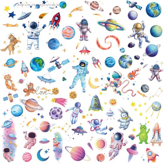 Allecto Plus - Glitter Ruimte Tijdelijke Tattoo Set voor Kinderen | Astronaut Planeet Sticker | Raket Schip Water Transfer Tattoo | Gezicht & Lichaam Sticker