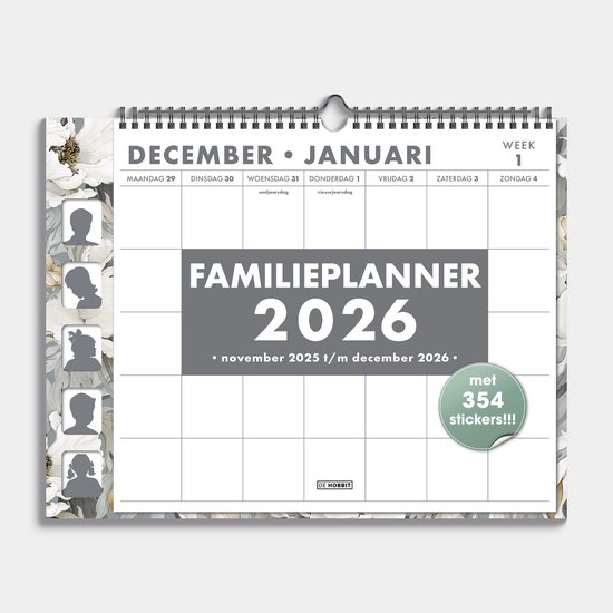 Hobbit - Familieplanner 2026 - (30 cm x 39 cm) - Familie kalender - 1 week op 1 pagina - 5 personen - Witte Klaprozen
