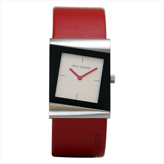 Rolf Cremer horloge met rode band, zwart frame en witte wijzerplaat.