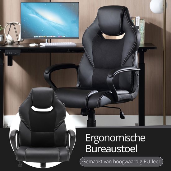 Zwarte ergonomische bureaustoel met contrastrijke witte stiksels, verhoogd nekkussen en mesh rugpaneel, in een kantooromgeving.