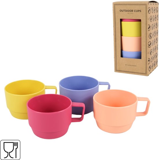 Norlander Serviesset – 4 Borden Ø 23,5 cm & 4 Bekers 300 ml – Meerkleurig – Stevig Kunststof – Geschikt voor Camping, Outdoor & Dagelijks Gebruik — afbeelding 3